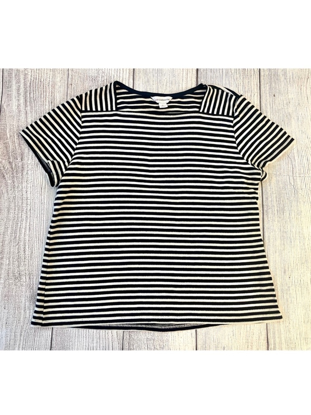 LIZ CLAIBORNE Women’s Navy & White Striped Top With Square Neck Size XL